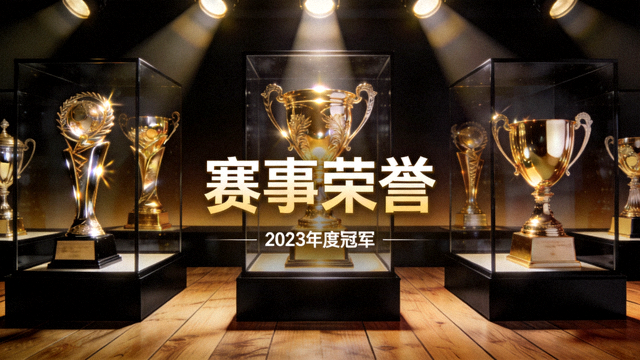 奖杯陈列在灯光下的赛事荣誉展示画面